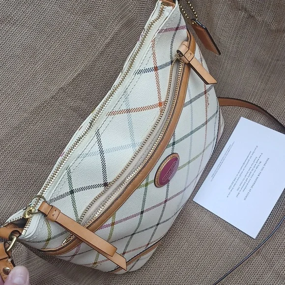 Coach Multi Color Plaid Tattersall Larger Crossbody Bag with Tan Leather Accents - Picture 4 of 17